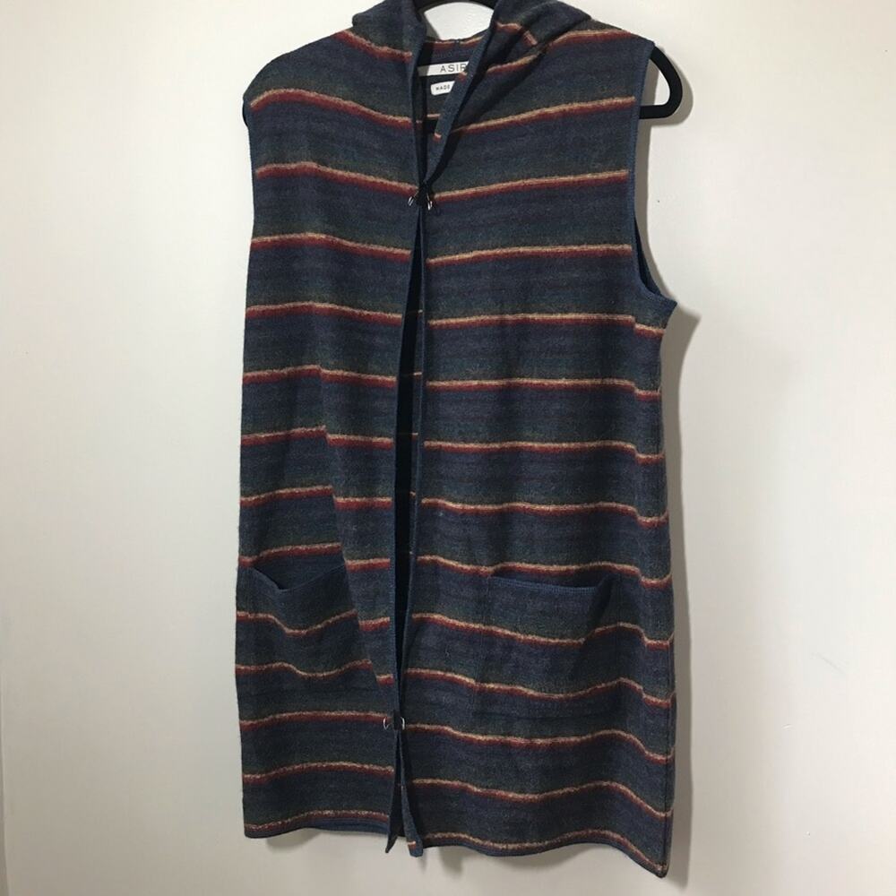Asiri made in peru alpaca wool hooded long open vest sweater sz l striped